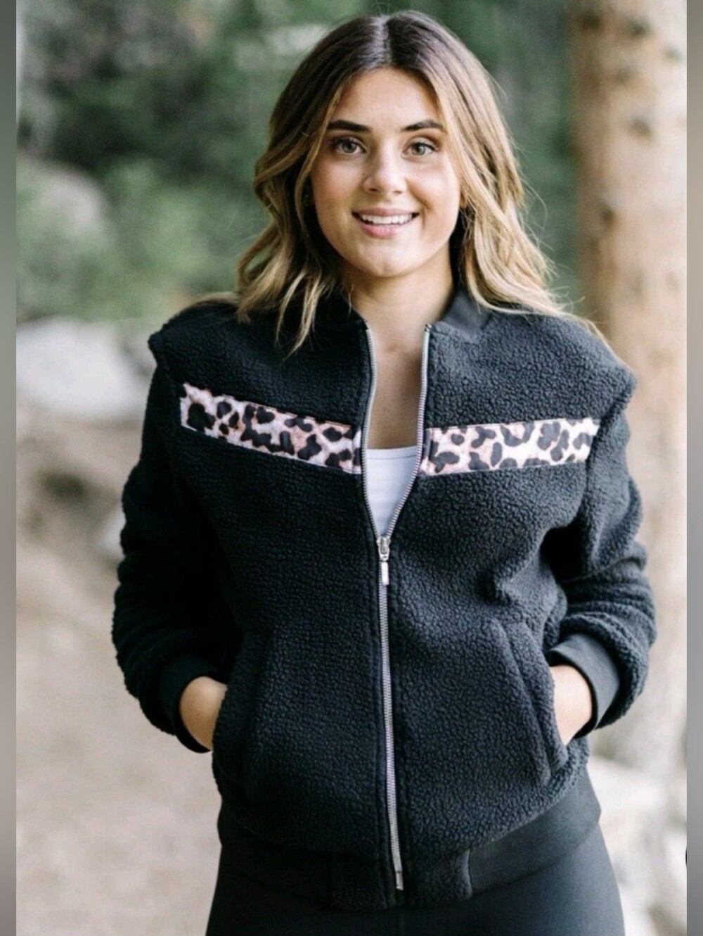Zyia Active Black Teddy Fleece Bomber Jacket Leopard Print Chevron